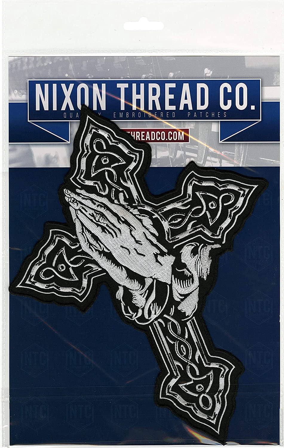 Cross Praying Hands Patch 14" | Religious Christian Catholic Celtic | Embroidered Iron On | Large - by Nixon Thread Co.
