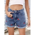thumbnail image 6 of Womens Mid-High Waisted Cherry Embroidery Denim Jean Shorts Cutoff Stretchy Summer Hot Short Pants Blue S, 6 of 9