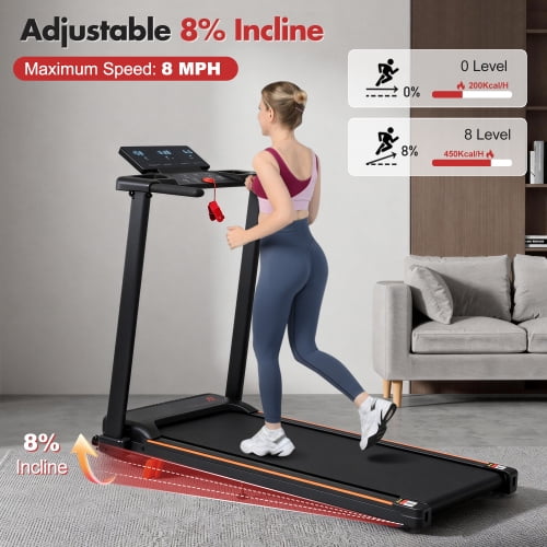 Foldable Treadmill with 8% Incline, 3.0HP Portable Walking Pad for Home, 265lbs Capacity Running Machine with Handle and LED Display, Black