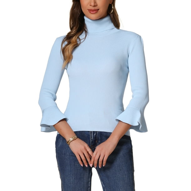Suéter de punto delgado con cuello de tortuga y mangas acampanadas 3/4 para mujer Inspire Chic, color azul claro M