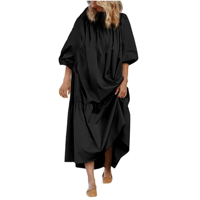 AherBiu Robe Longue à Manches 3/4 pour Femmes, Col Rond Smocké, Droite, Ample, Décontractée
