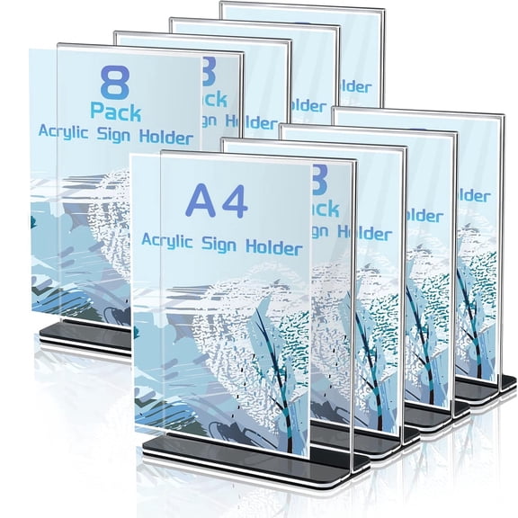 MerryNine 8pcs Acrylic Sign Holder, 8.27" x 11.7"/ A4 Size Clear Double Sided Sign Holder Stand, Plastic Table Paper Stand, Vertical Menu Flyer Stand, T Shape Table Flyer Holder
