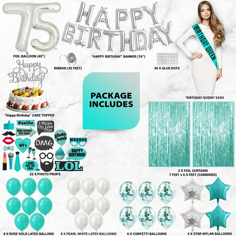 75th Birthday Party Decorations Set – Includes Banner, Swirls, Plates, Napkins, Cups, Straws, Forks, Tablecloths & Cake Topper