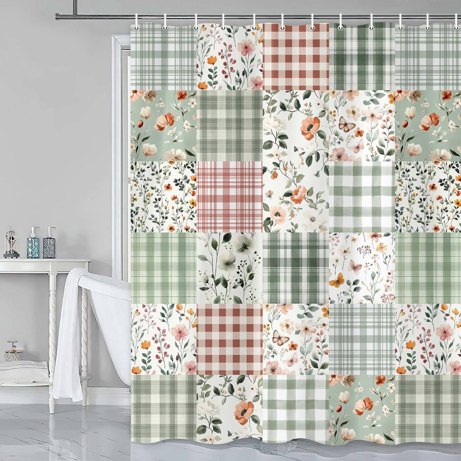 Cute Plaid Floral Shower Curtain, Boho Sage Green Flower Fabric Shower Curtains for Bathroom, Retro Pink Flower Checkered Patchwork Bath Curtain Set Washable Waterproof with 12Hooks,36X72in
