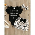 thumbnail image 2 of Seyurigaoka Girls Summer 3Pcs Outfit Sets Short Sleeve Letter Print Romper + Leopard/Sunflower Print Shorts + Headband, 2 of 9
