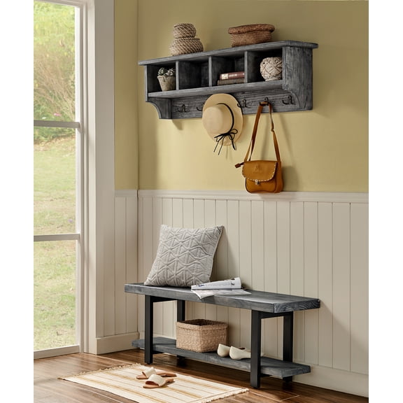Pomona 48 Metal and Reclaimed Wood Wall Coat Hook with Bench, Slate Gray