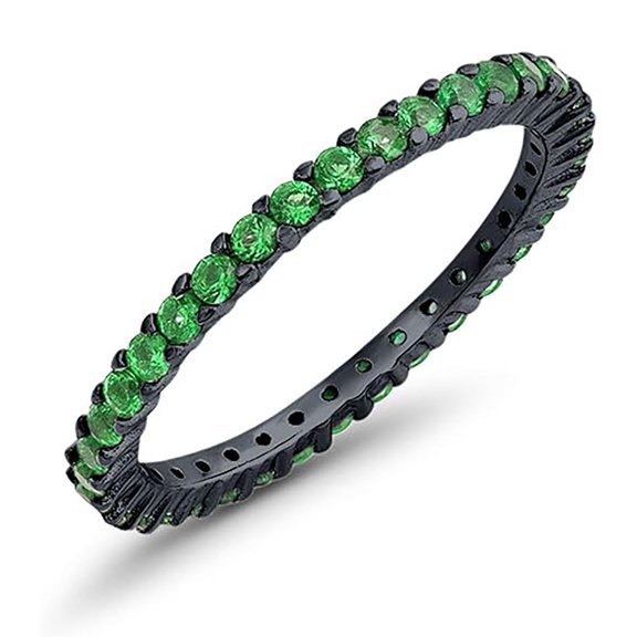 Round 2 mm Green Emerald Full Eternity Wedding Band Ring Stackable Ring 925 Silver Black Rhodium Gemstone Jewelry For Women Gift