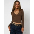 thumbnail image 4 of Women'S Long Sleeve Tops Going Out V Neck Crop Lace Mesh Slim Fitted Shirts Brown M, 4 of 9