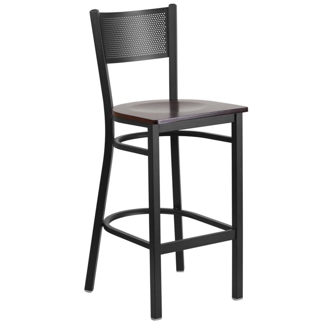 HERCULES Series Black Grid Back Metal Restaurant Barstool - Walnut Wood Seat