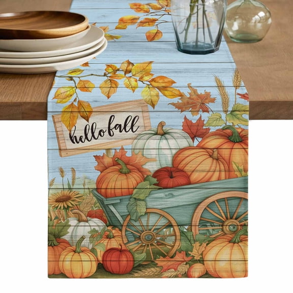 Orange Fall Pumpkins Table Runner, Thanksgiving Botanical Blue Vintage Washable Cotton Linen Table Runners 72 Inches Long, Dresser Scarf Runner for Dining/Coffee/Kitchen/TV Stands/Cabinets 13''x72''