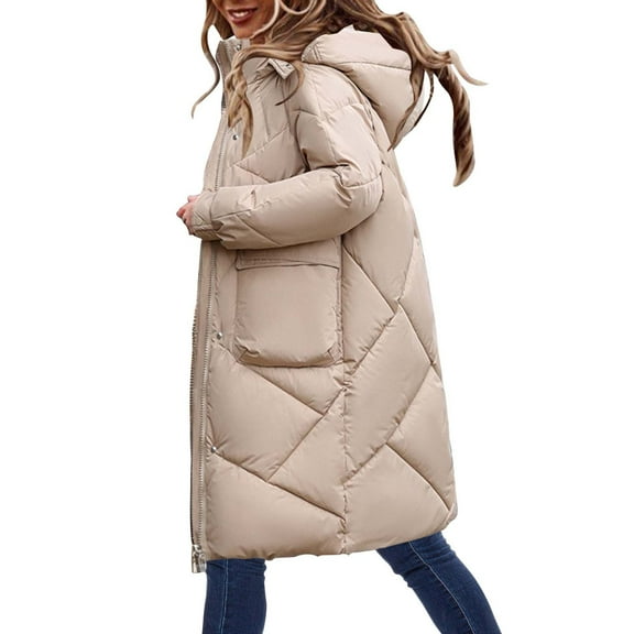 LxrBlank Down Jacket Women Warm Winter Thickened Hooded Down Jacket Zip Up Long Sleeve Long Down Jacket Quilted Padded Baggy Down Outerwear Fall Jackets for Women Khaki M