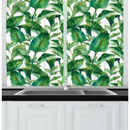 Hawaiian Living Room Leaf Curtains 2 Panels Set, Romantic Holiday Island Hawaiian Banana Trees Watercolored Image, Window Drapes for Living Room Bedroom, 55W X 39L Inches, Dark Green and Forest Green, by Ambesonne ()