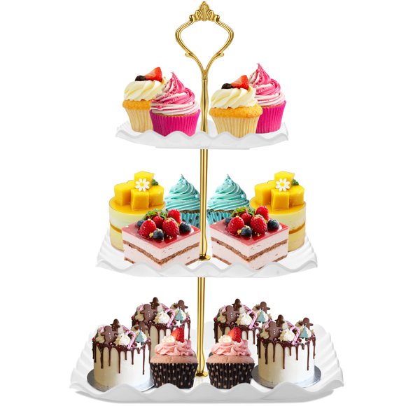Soporte para cupcakes y postres DAFURIET de plástico blanco de 3 niveles