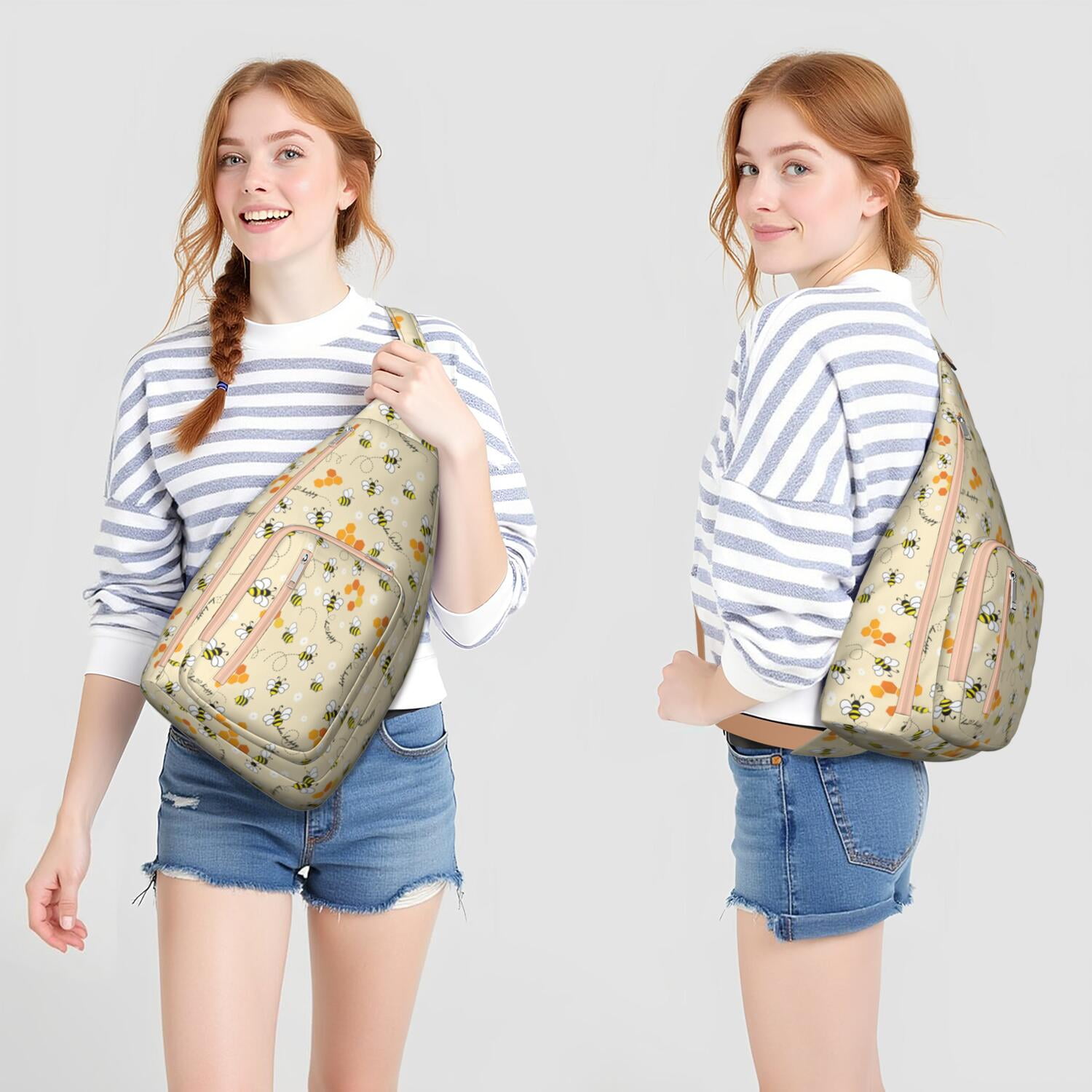 Cute Bee Print Sling Backpack – Colorful Cartoon Honeycomb & Floral Crossbody Bag for Travel & Hiking