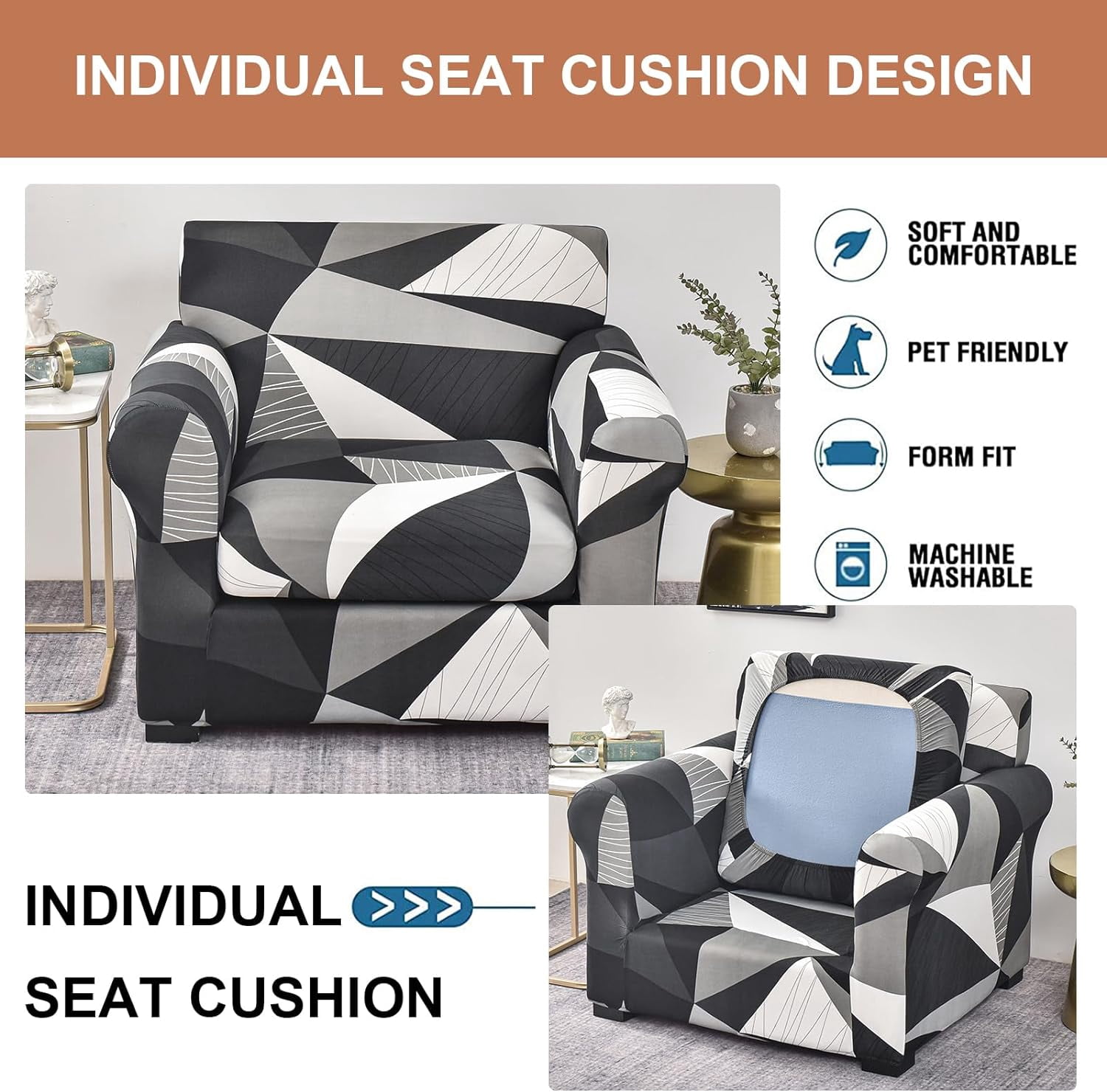 CHUNTIAN Couch Cover Chair Covers Printed Sofa Covers 2-Piece Stretch Armchair Sofa Couch Slipcover Sectional Couch Covers for Sofa Furniture Protector with Non Slip Elastic Bottom for Living Room