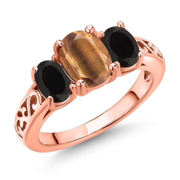 Gem Stone King 18K Rose Gold Plated Silver Brown Tiger Eye and Black Onyx Filigree Style 3 Stone Ring for Women (2.05 Cttw, Oval 8X6MM and 6X4MM, Size 6) (Size 6)