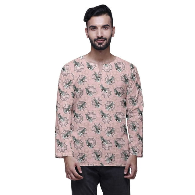 Atasi Kurta en Coton Slub à Manches Longues pour Hommes, Encolure Goutte d'Eau, Chemise Ethnique Imprimée