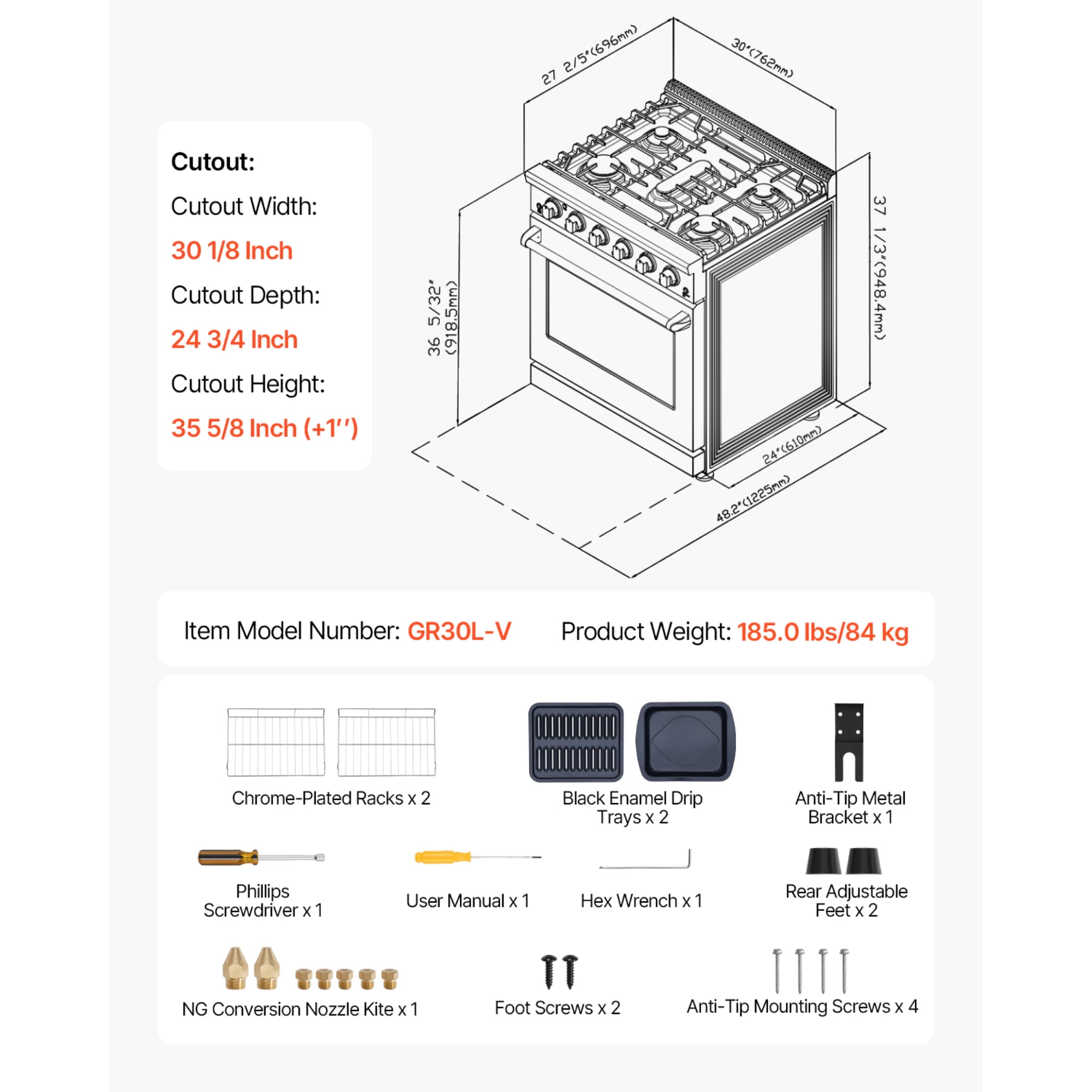 KFFKFF 30-Inch Freestanding Gas Range Oven, Stainless Steel Stove with 5 Sealed Burners, Convenient Racks, Storage Drawer, 4.8 Cu. Ft. Capacity, Ideal for RVs, Apartments, and Mobile Homes
