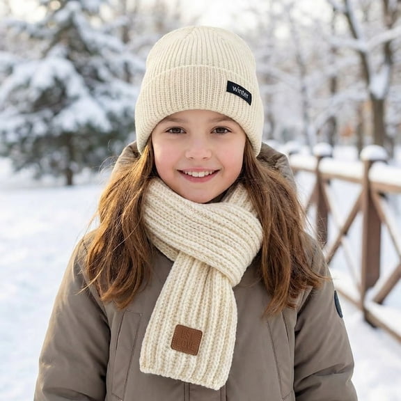Kids Cozy Unisex Winter Beanie Hat and Scarf Set – Thick, Soft Knit for Warmth, Beige