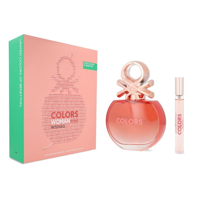 set benetton colors rose intense 2pzs benetton 80ml Estuche rosa con lomo verde y set floral frutal para dama: caja rectangular frontal, frasco redondo degradado rosa-rojizo con tapón circular entrelazado y vial de viaje transparente vertical.