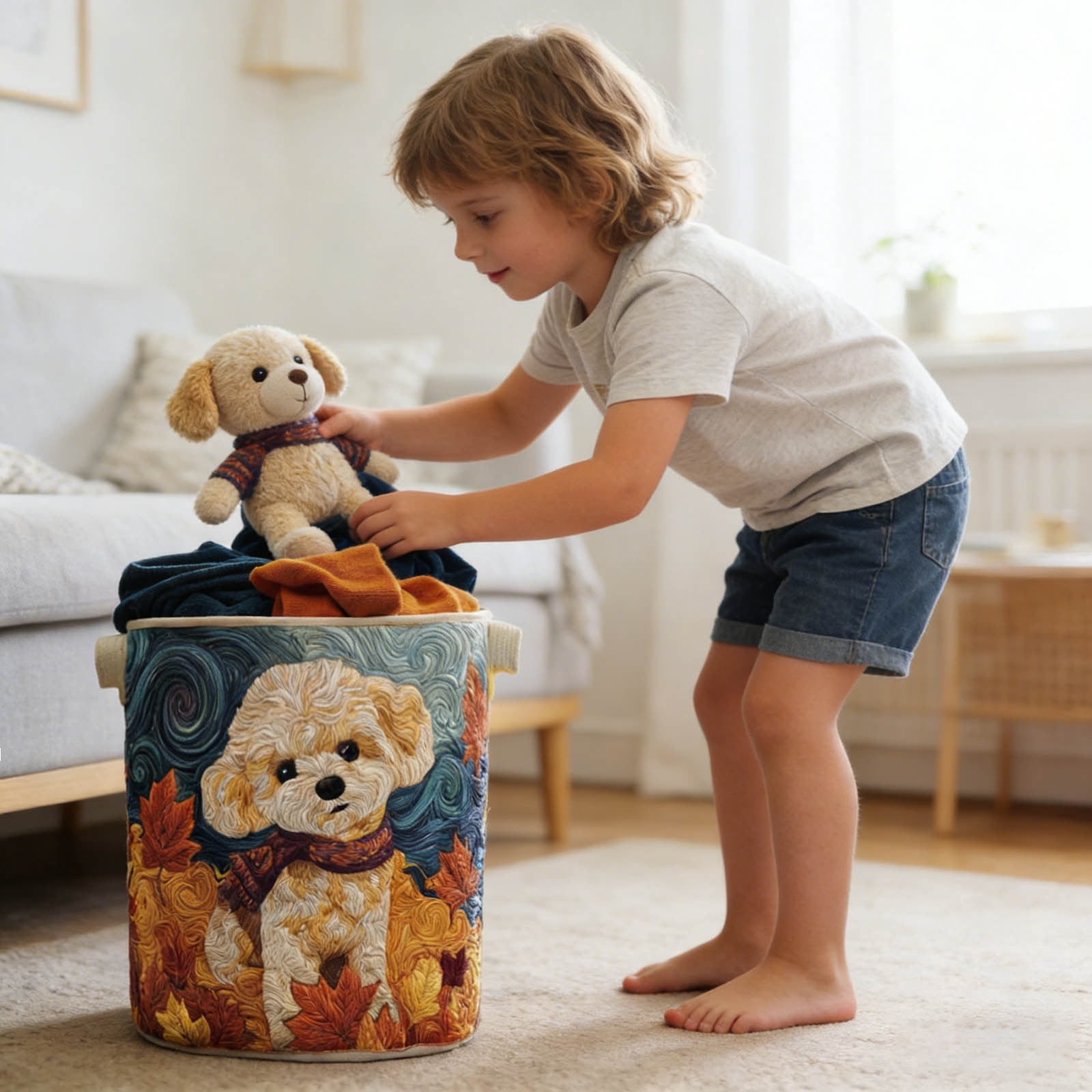 Quilted Laundry Basket with Handles, Boho Floral Fabric Storage Hamper, Large Soft Quilted Laundry Basket for Bedroom, Laundry Room,Clothes & Toys (Dog Paw Pattern)