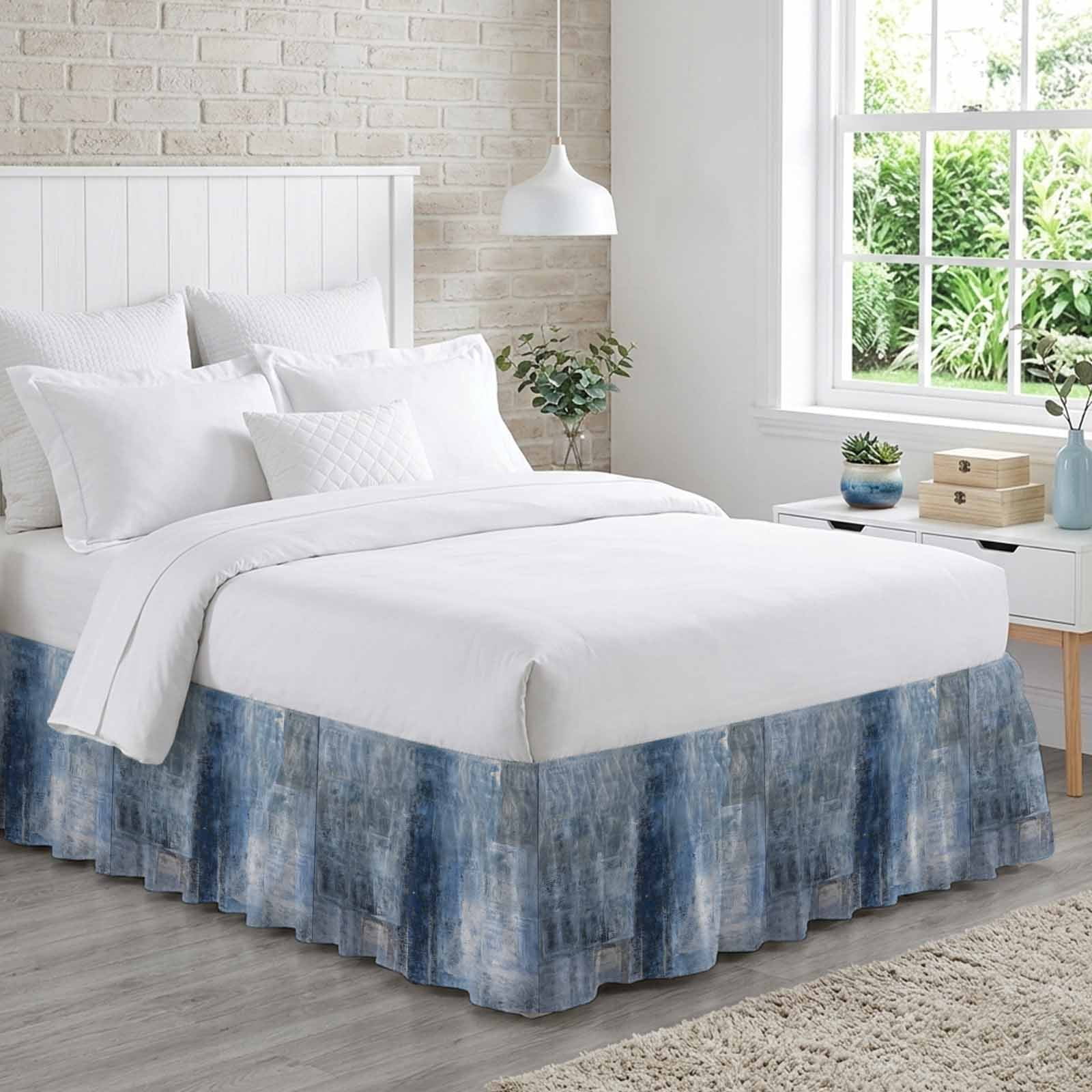 Blue Bed Skirt King Size 16 Inch Drop, Adjustable & Elastic Wrap Around Bed Skirts Pleated Dust Ruffles For Twin Full Queen Cal King Base Beds, Retro Oil Painting Modern Abstract Art Aesthetics