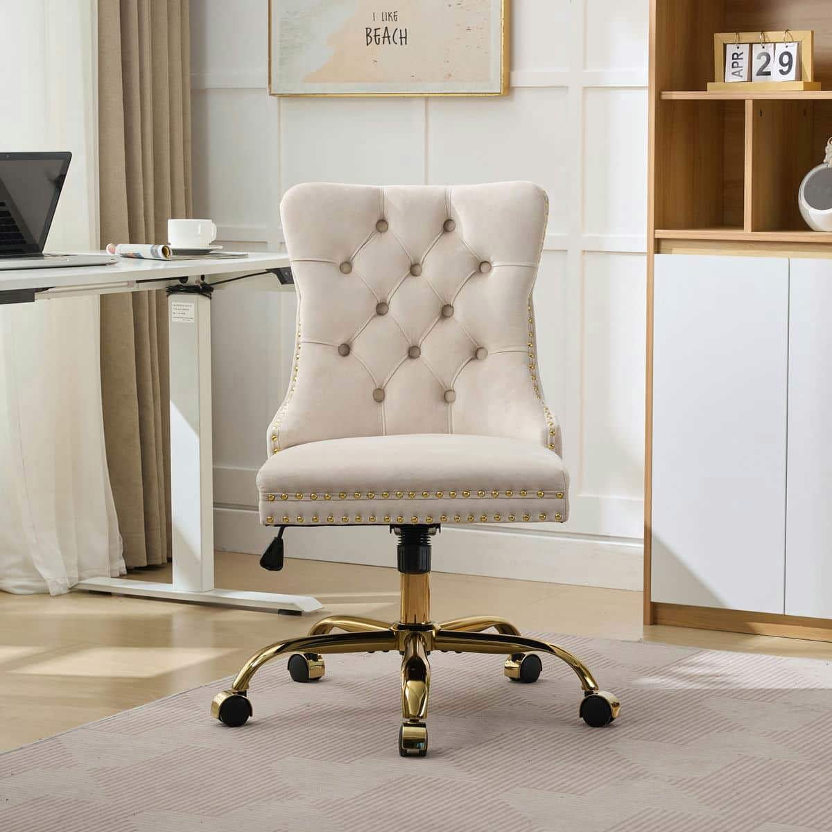 GVN Ergonomic Computer Chair, Home Office Desk Chairs,Office Chair with Golden Metal Base, Adjustable Desk Chair Swivel Office Chair (Beige)