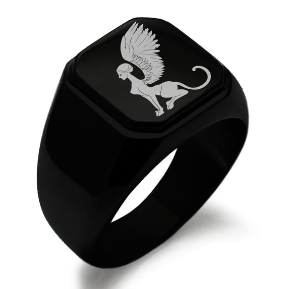 Stainless Steel Greek Mythology Shpinx Engraved Square Flat Top Biker Style Polished Signet Ring
