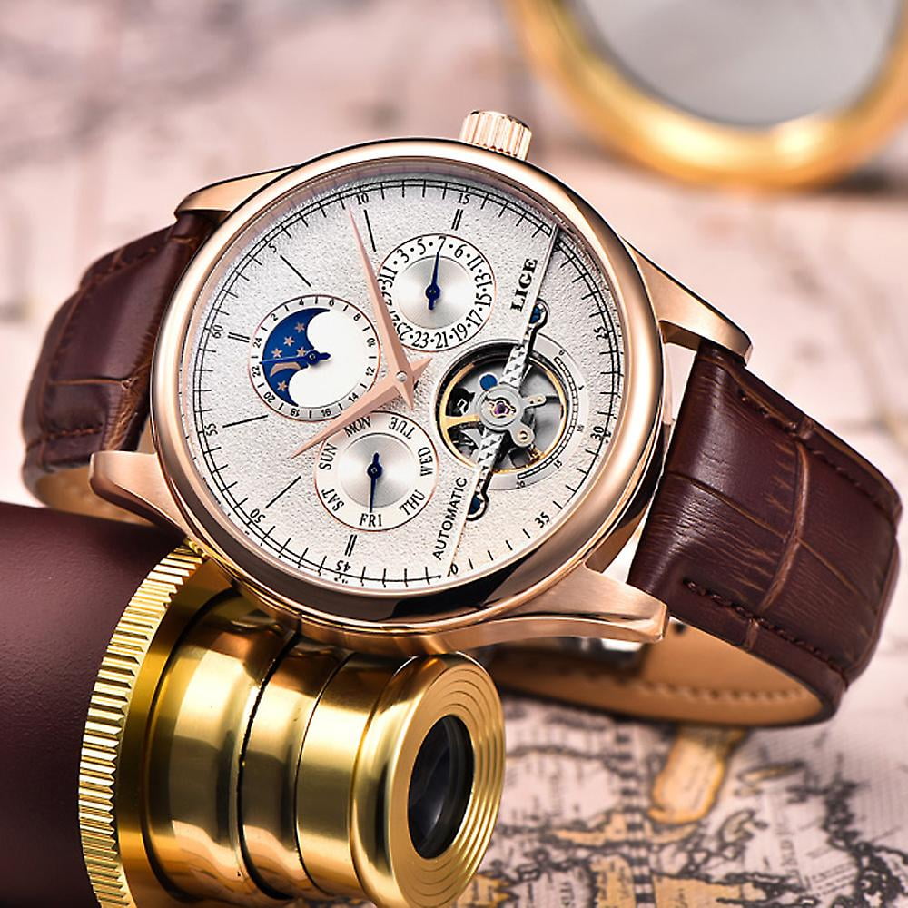 Lige Men Watch Top Brand Mens Mechanical Watches Automatic Tourbillon Skeleton Watch Men Calendar Relogio Masculino Dropship box Walmart
