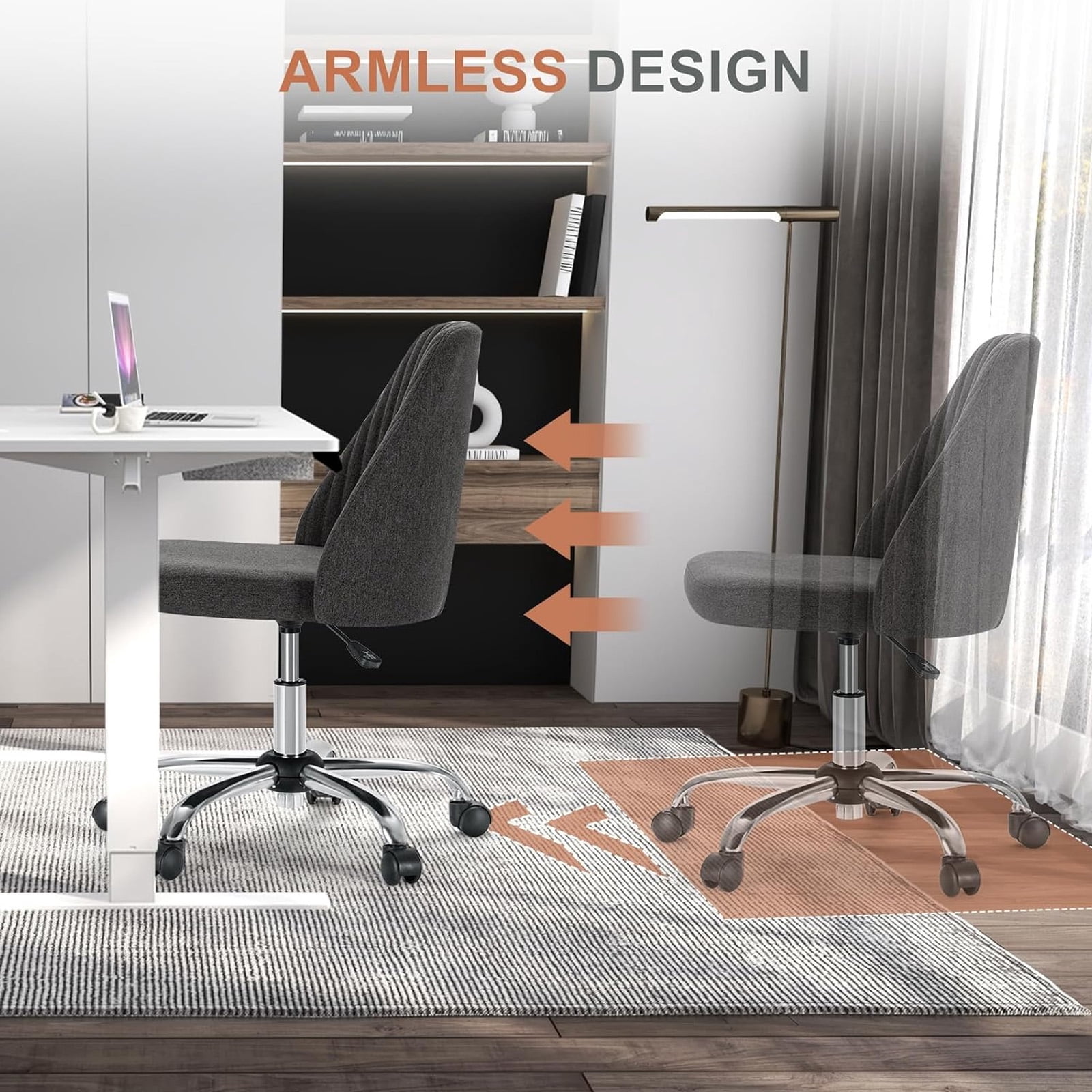Casabay Armless Office Chair, Extra Cushion Padded Compact Upholstered Desk Chair with Back Support, Rolling Swivel Vanity Chair for Home Office, Dark Gray