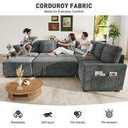 BedLuxury 106 Modular Sectional Sofa Bed with Pull Out Bed, Large Storage & USB Charging, Modern Sleeper Couch for Living Room, Corduroy Gray