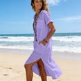 thumbnail image 6 of Kukoosong Summer Dresses for Women Casual Linen Peasant Tea-Length Short Sleeve Button Front Solid Color Crew Neck Dresses, 6 of 7