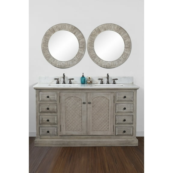 Infurniture Rustic Style Quartz White Marble Top 60-inch Double Sink Bathroom Vanity