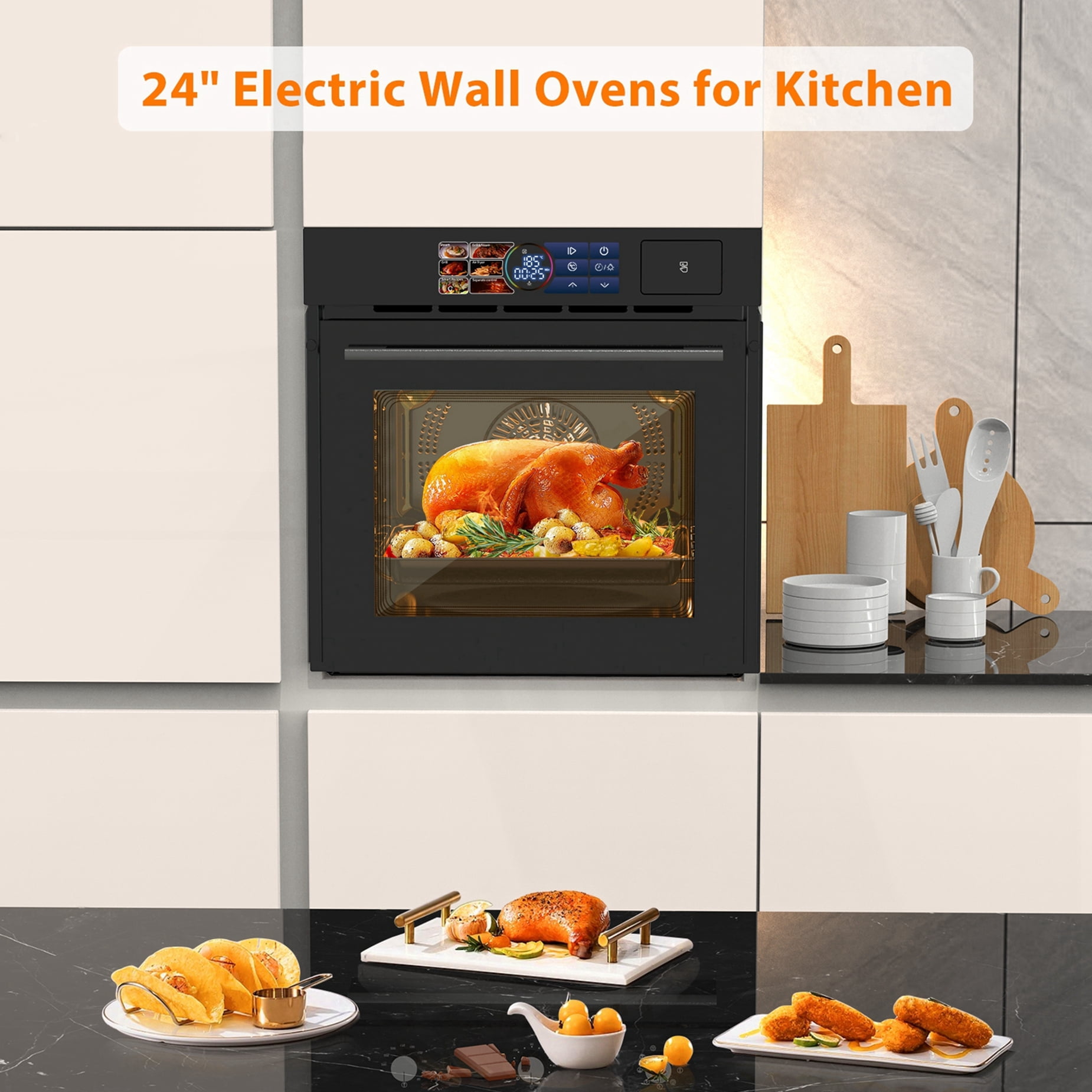 Aoile 24" Single Wall Oven with 2.5 Cu.Ft. Capacity, 3000W Built-in Electric Oven with 4 Cooking Functions & 108 Automatic Recipes