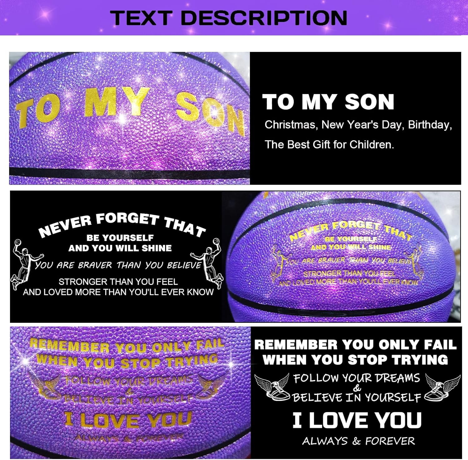 Personalized Basketball, Sparkle Glow to My Son / Daughter Basketball Gift, Cool Indoor Outdoor Glitter Shiny Leather Basketball Size 5/6/ 7 for Youth, Girls, Men, Women (with Pump)