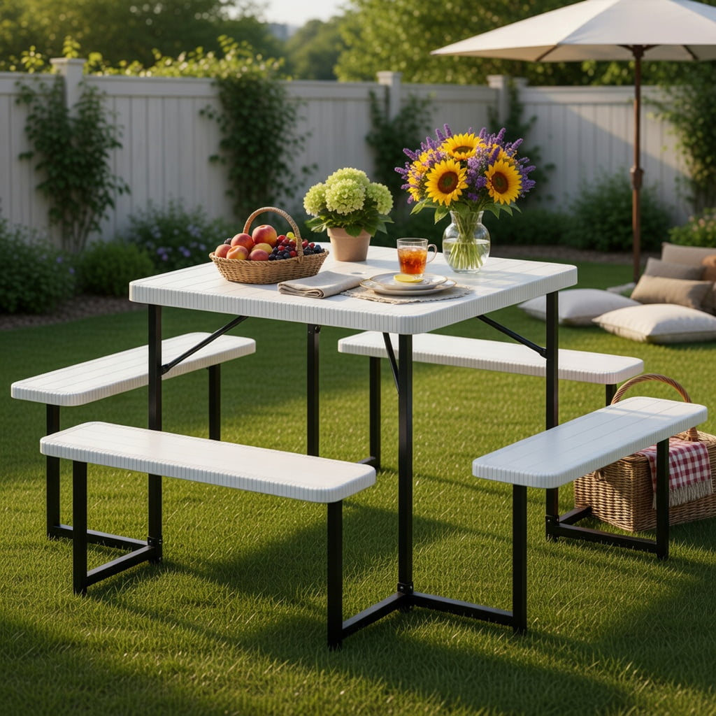 Hommoo Outdoor Square HDPE Picnic Table & Bench Set for 4–8 People, Includes Umbrella Hole & Weather-Resistant Metal Frame, White