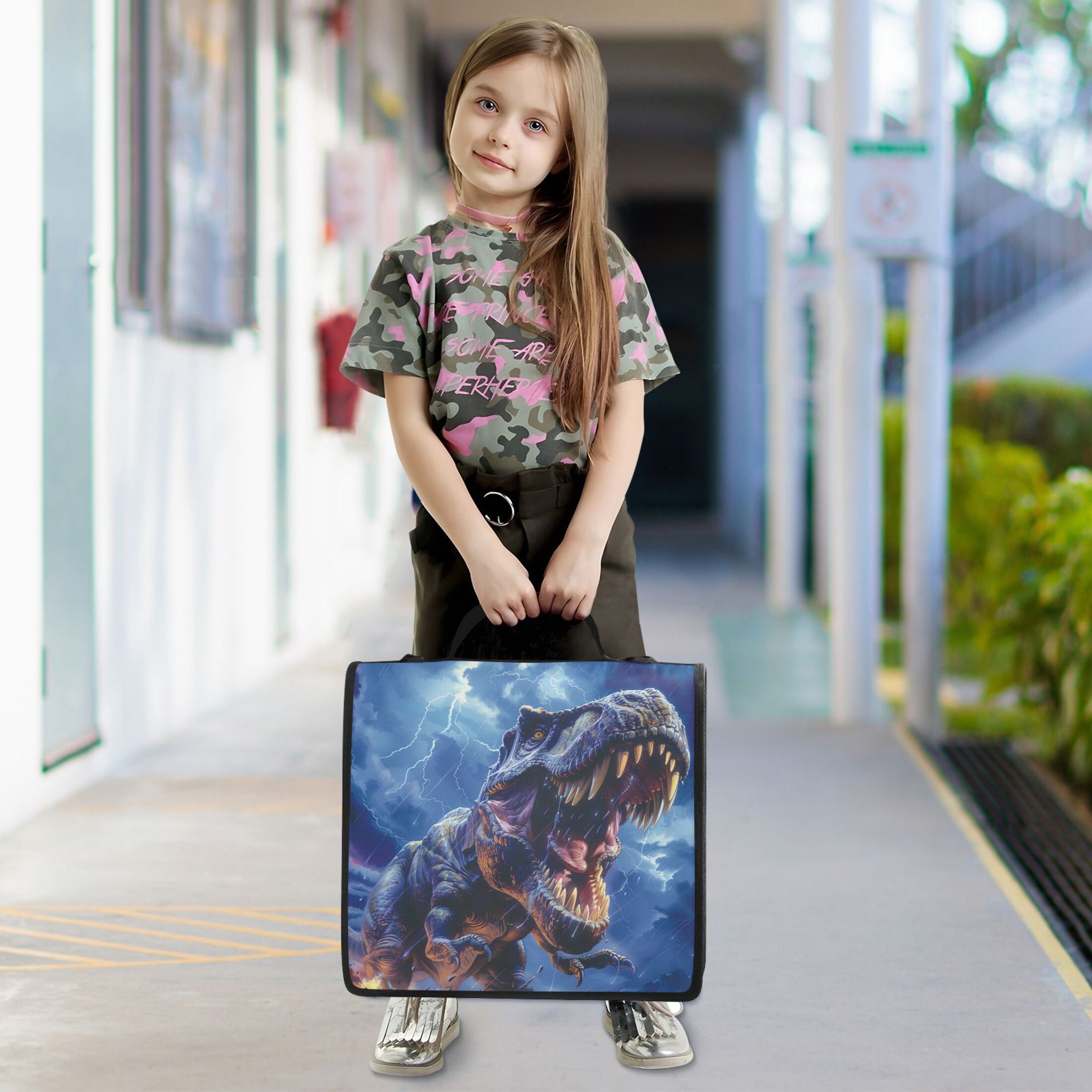 3 Ring Zipper Binder with Shoulder Strap Waterproof Trapper Keeper 2 Inch D-Ring 500 Sheets Capacity Fierce Dinosaurs in Thunderstorm