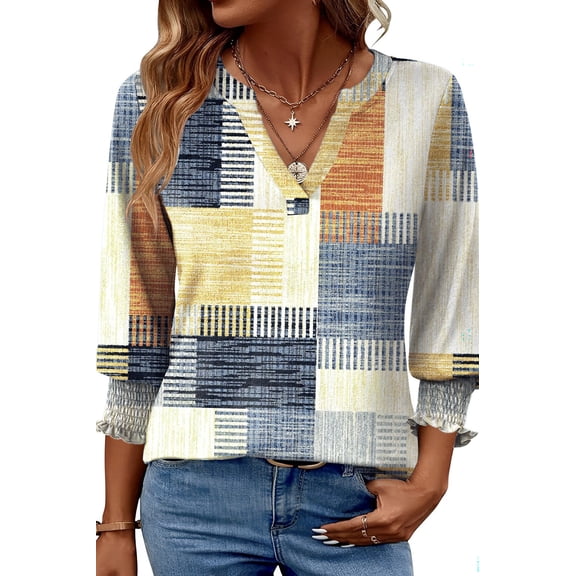 Fantaslook 3/4 Sleeve Womens Tops Dressy Casual Blouses V Neck Work Shirts Trendy Tops with Smocked Cuffs