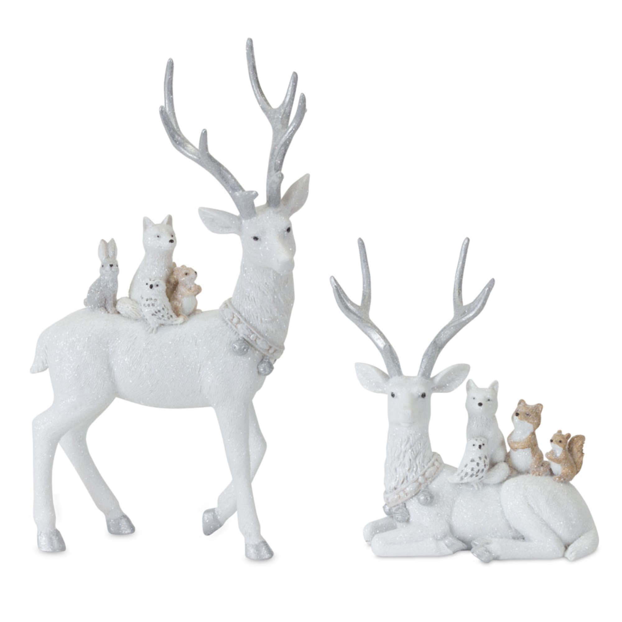 Set of 3 White Deer with Animals Christmas 6 Piece Tabletop Figurines