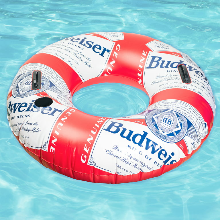 Budweiser Inflatable Swim Tube adult Ring Float for Pools Rivers Lakes, Built-In Handles and Cup Holder