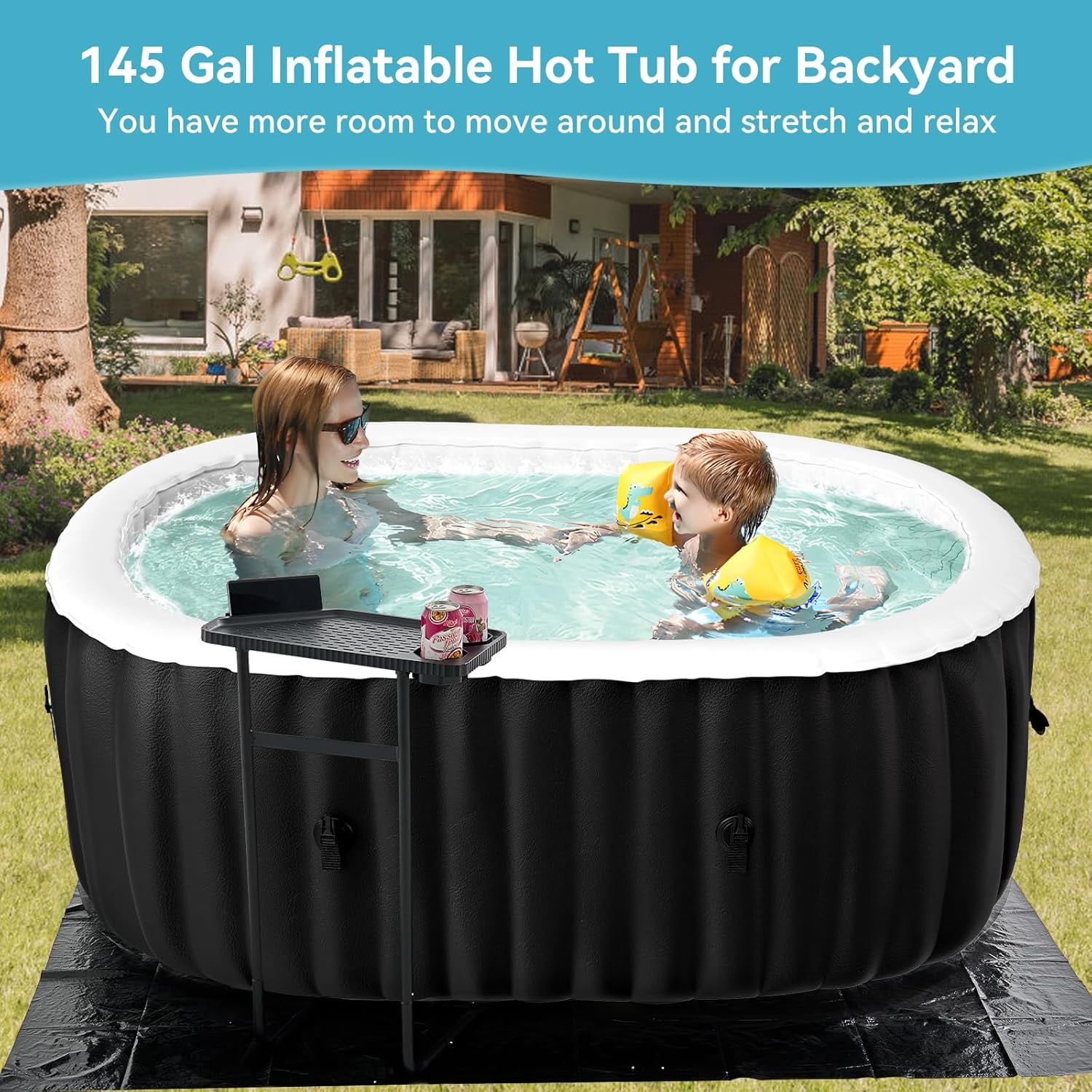 2 Person Inflatable Hot Tub with Side Table, Oval Portable Blow up Hot Tub Spa, Leak-Proof PVC Outdoor Spa with 100 Air Jets, Heater Pump and Insulated Cover, 75” L X 47”W X 25”H