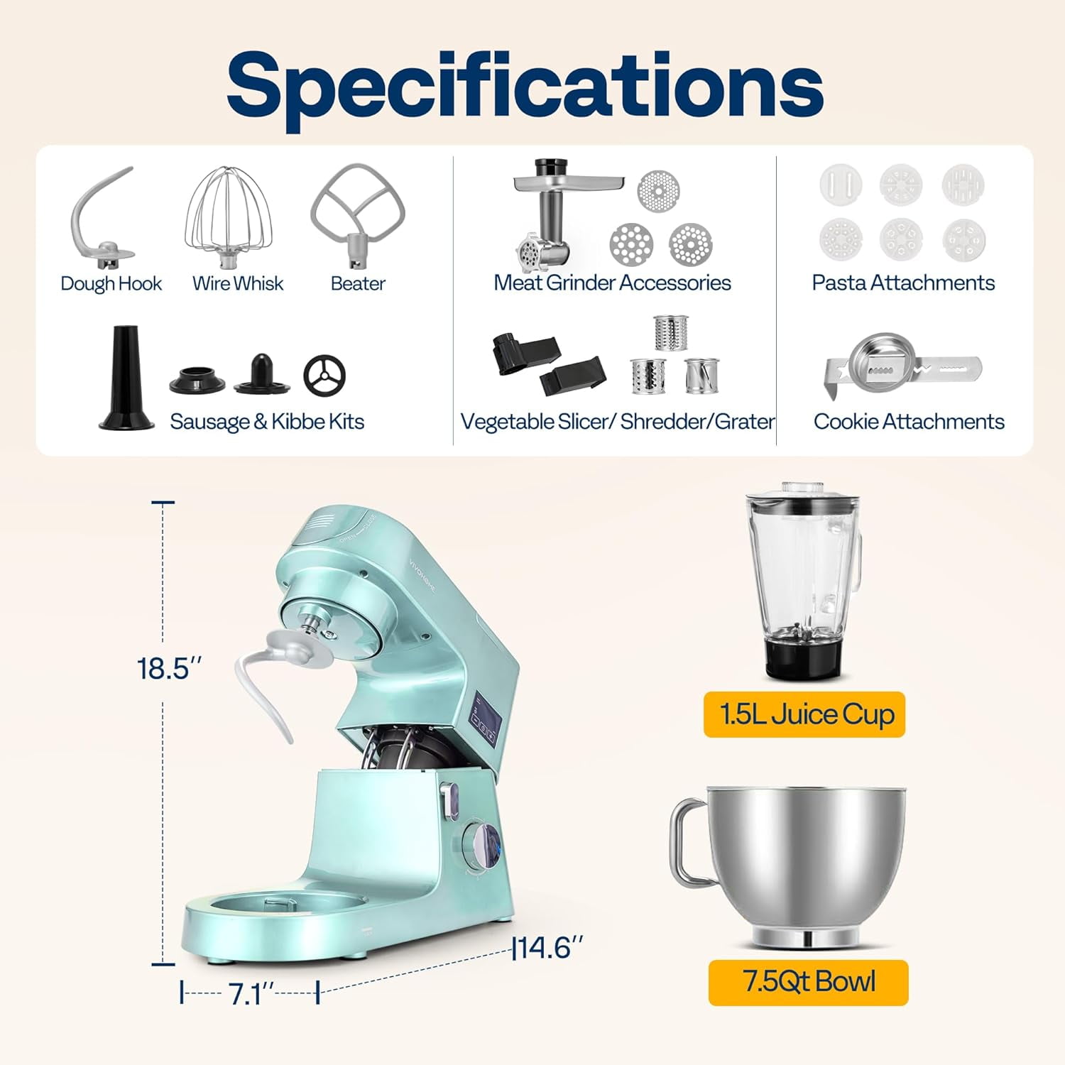 SPECSTAR 9 in 1 Multifunctional Stand Mixer with Fermentation, 6 Speed 7.5 Quart Kitchen Electric Food Mixer with Timer, Meat Grinder, Juice Blender, Vegetable Slicer, Pasta and Cookie Maker, Blue