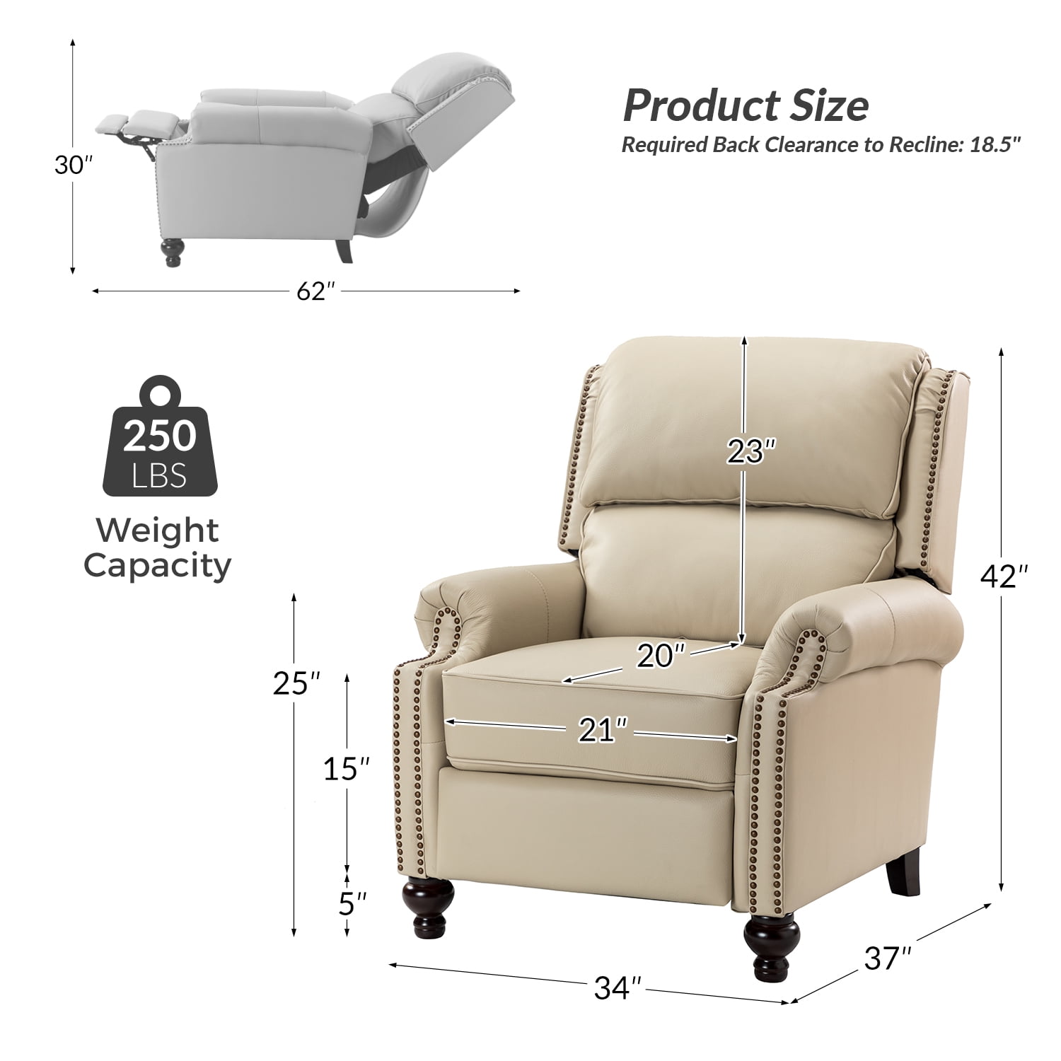 Mid-century Genuine Leather Pushback Recliner Chair with Nailhead Trim Set of 2 Beige
