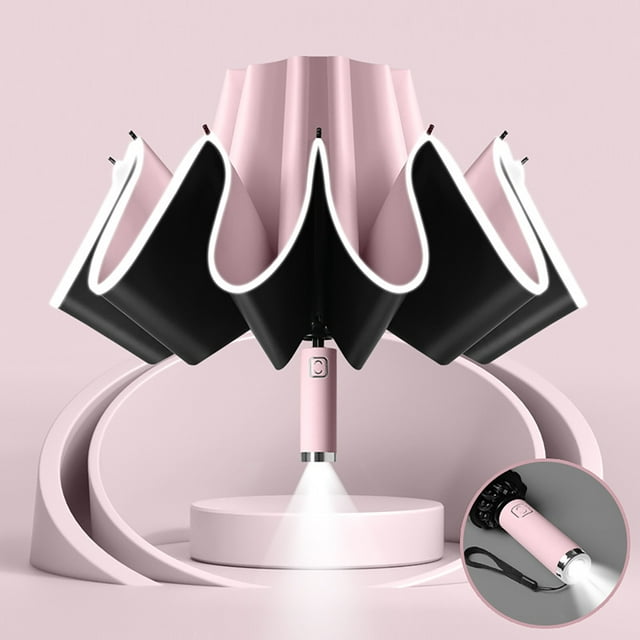 Paraguas plegable con dirección opuesta, con rayas reflectantes, resistente al viento, totalmente automático, compacto, de 10 varillas, diámetro de 41 pulgadas, LED transparente.