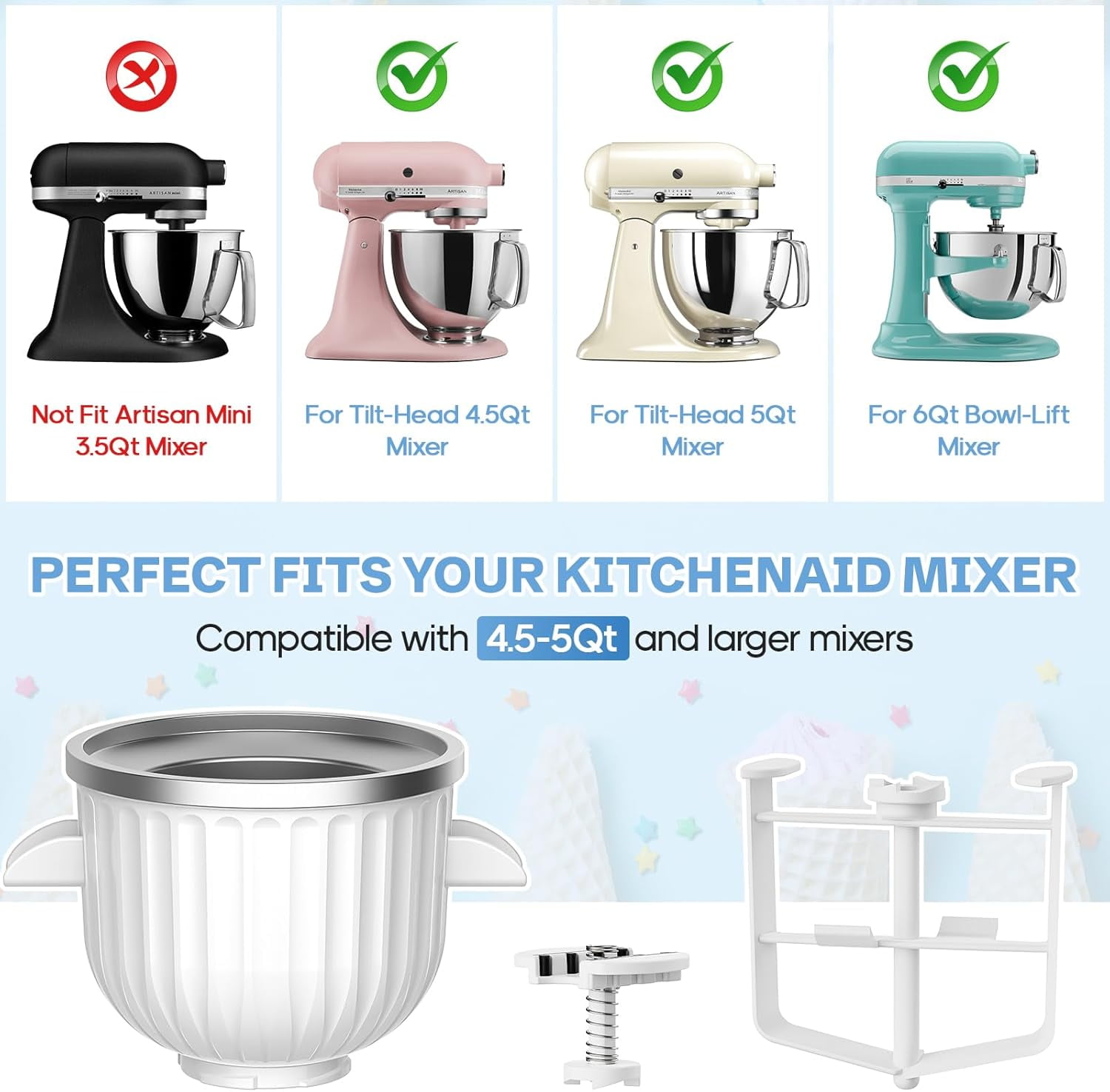 Ice Cream Maker Attachment for KitchenAid - Upgraded Leak-Proof Design, 2 Quart Bowl Compatible with 4.5QT to 7QT Models,Homemade Sorbet Gelato,Yogurt & Ice Cream attachment for Kitchen aid