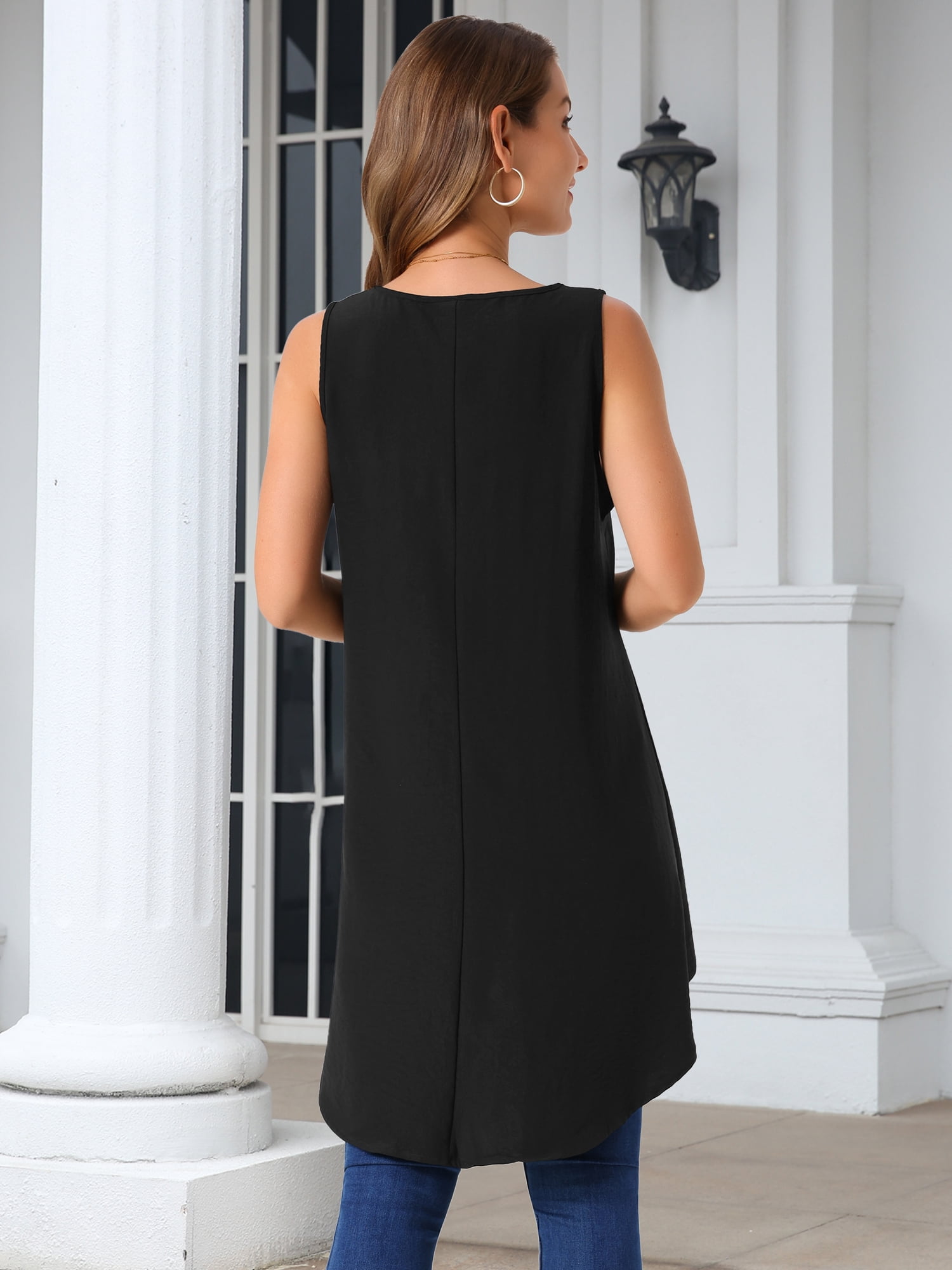 DARING DIVA Women's High Low Sleeveless Crewneck Asymmetrical Blouse L Black