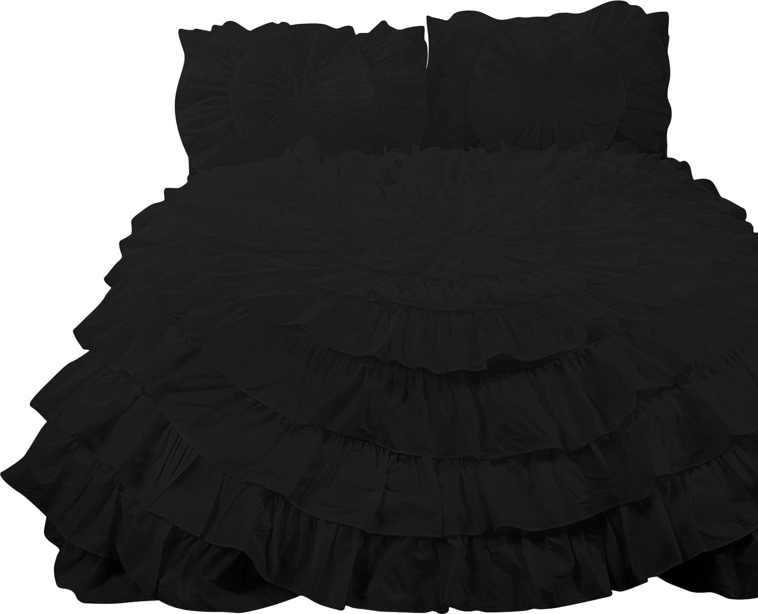 D.N.G. BEDDINGS 5 Piece 100% Egyptian Cotton Circle Ruffle Comforter Set, 550 GSM Filled Microfiber - King/Cal-King Size, Black Color - 800 Thread Count