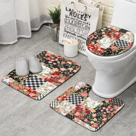 Pioneer Flower Floral Print Pattern Bathroom Rugs Sets 3 Piece,Toilet Cover Set,Absorbent Non Slip Bathroom Mats Sets with U-Shaped Contour Rug Toilet Rug Set