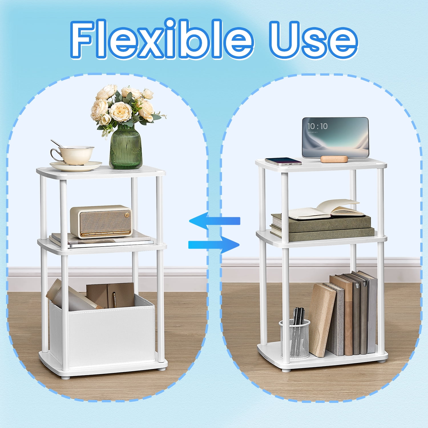 LEDREM 3-Tier End Table with Fabric Basket Storage, Nightstand for Bedroom & Living Room, Space-Saving Tool-Free Assembly , White