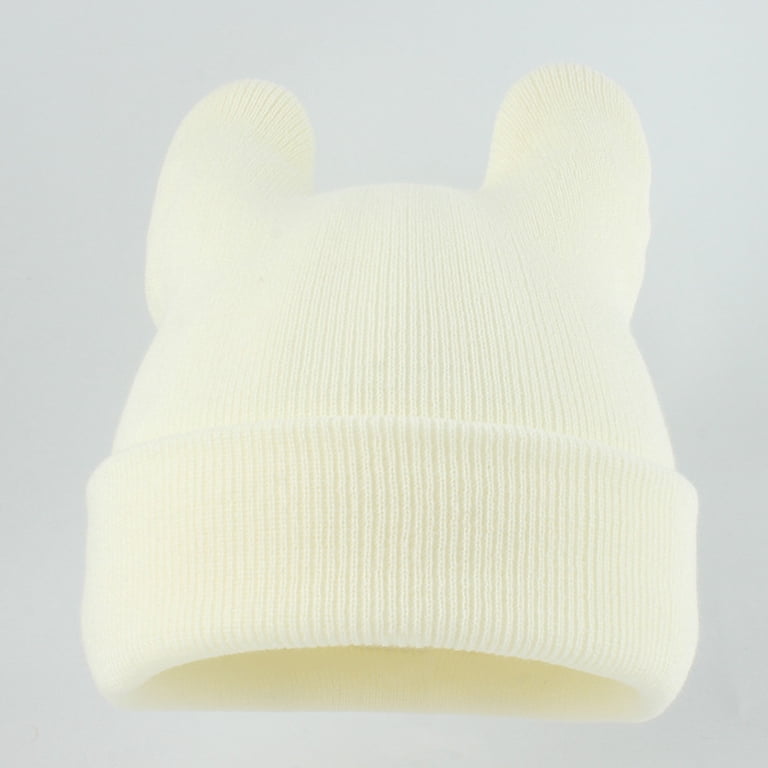 AWZXDE Cute 3D Ears Knitted Beanie with Rolled Brim Solid Color